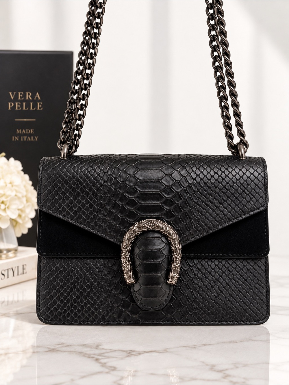 Vera Pelle Florence Italian Artisan Black Leather Embossed Chain Shoulder Bag